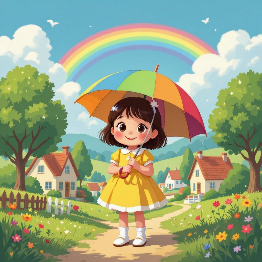 Cartoon Girl with Rainbow Umbrella in Sunny Village