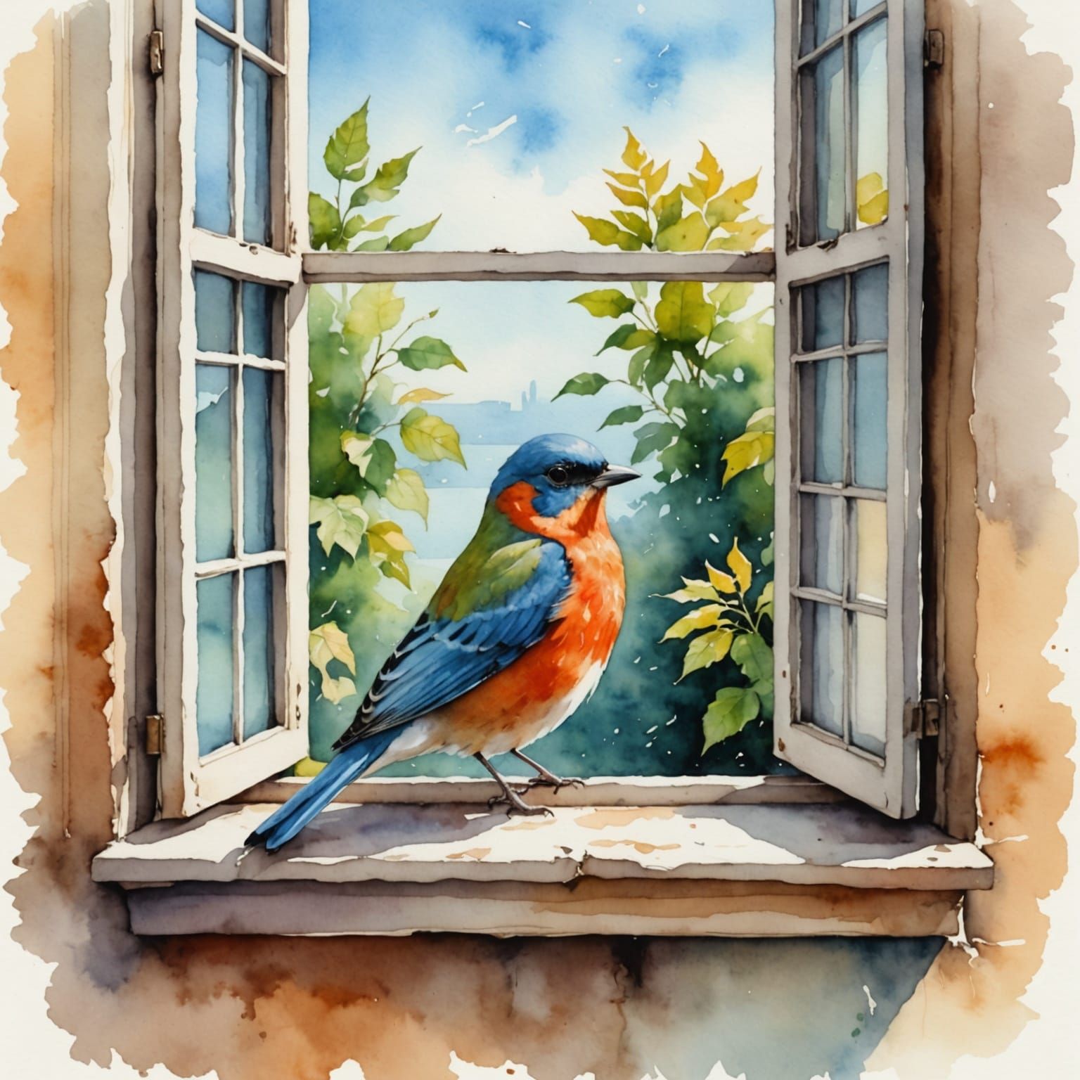 Bird Perched on Window Ledge in Watercolor Style