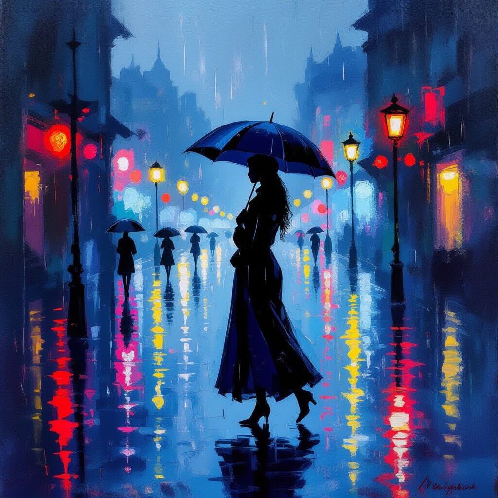 Monet-Style Painting of Woman in Neon Rainy City