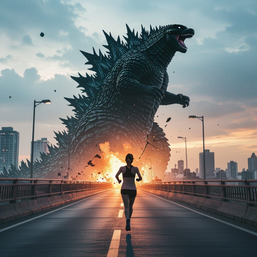 Godzilla's Bridge Break: A Cinematic Double Exposure