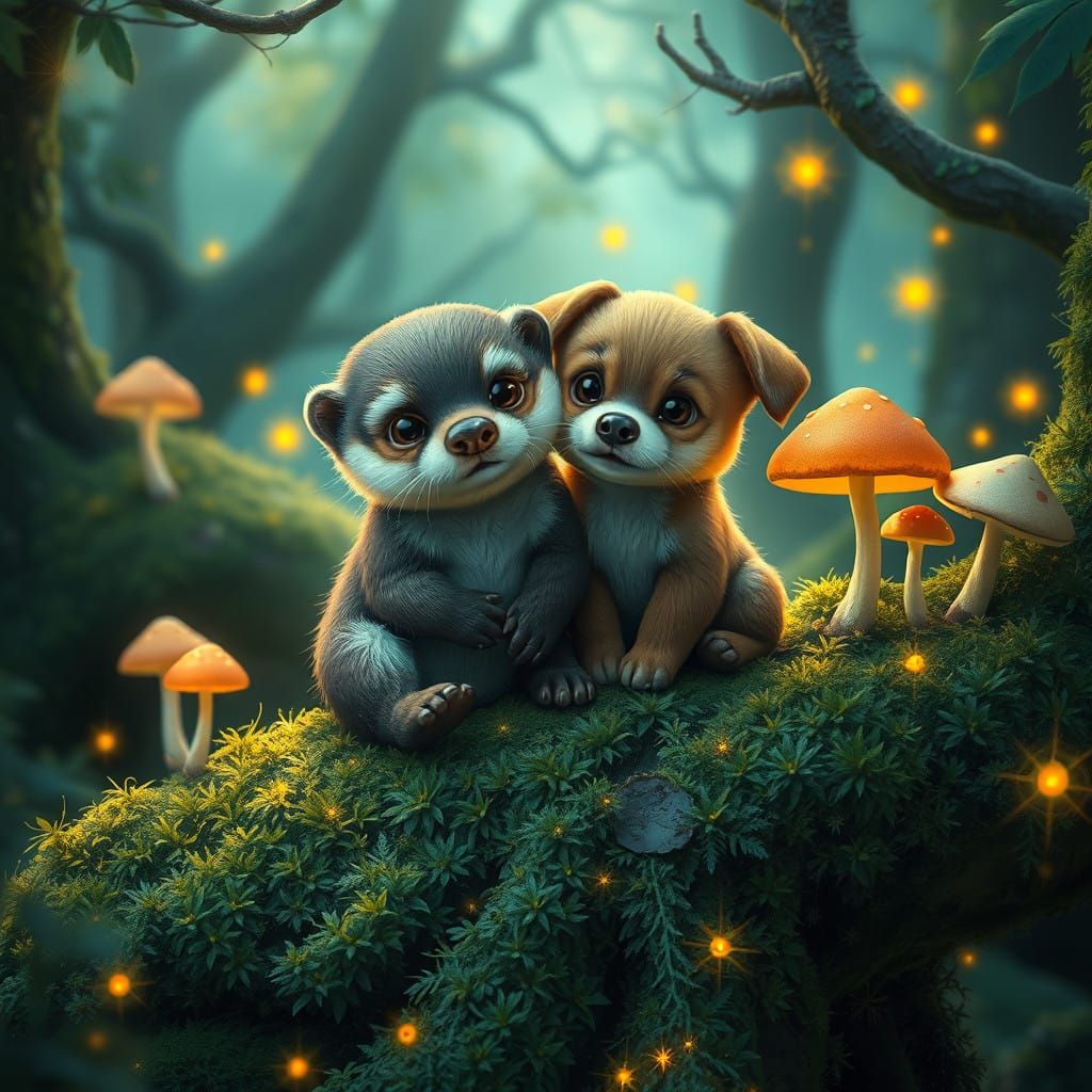 Cute Otter and Puppy in Whimsical Forest Landscape