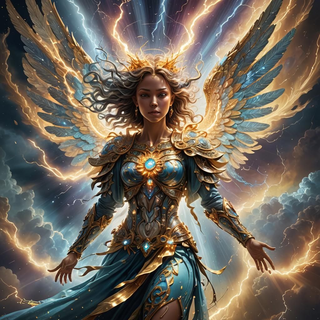 Ornate Angel in Flight Amid Lightning Storm