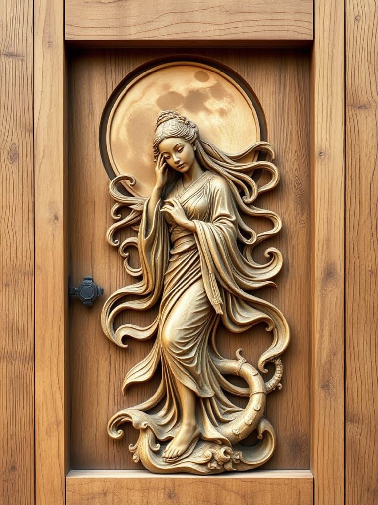 Moon Goddess Carved in Japanese Door: Hyperdetailed Wood Art