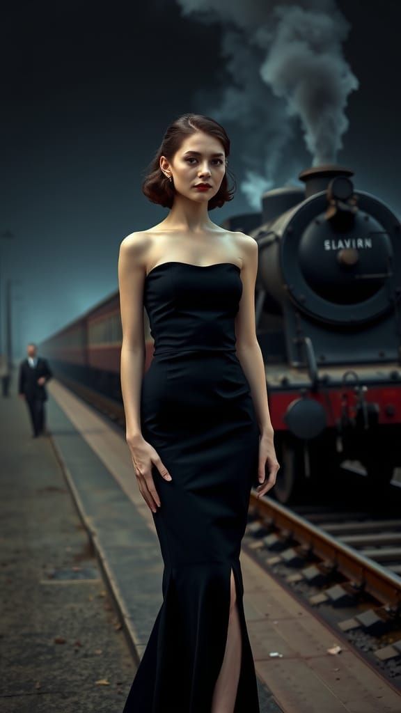 Elegant Woman Lost in Thought on Abandoned Train Platform