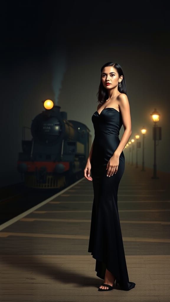 Glamorous Woman Stands Alone on a Misty 1950s Train Platform