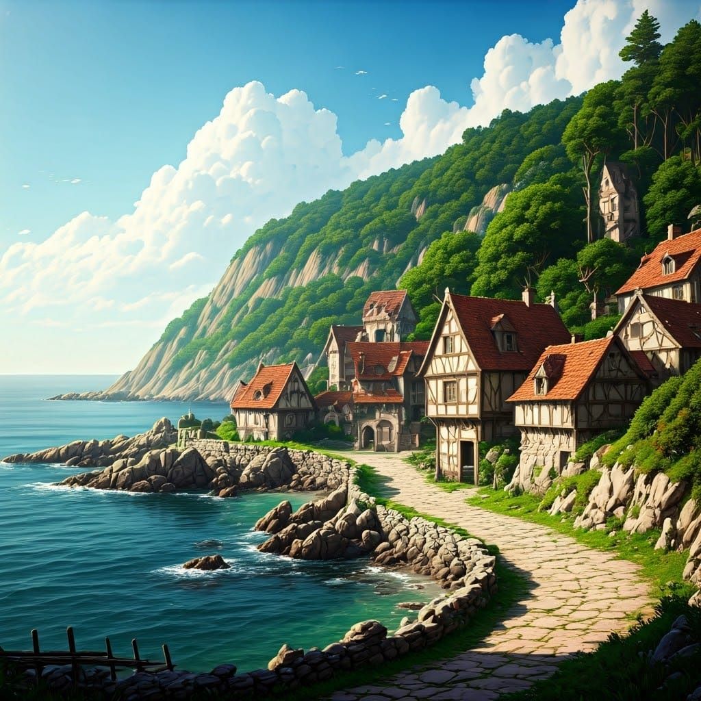 Medieval Coastal Village Landscape Art in Triadic Colors