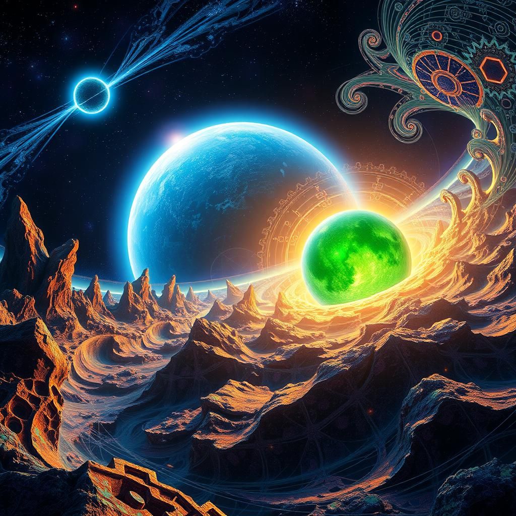 a beautiful glowing green planet with rings composed of frac...