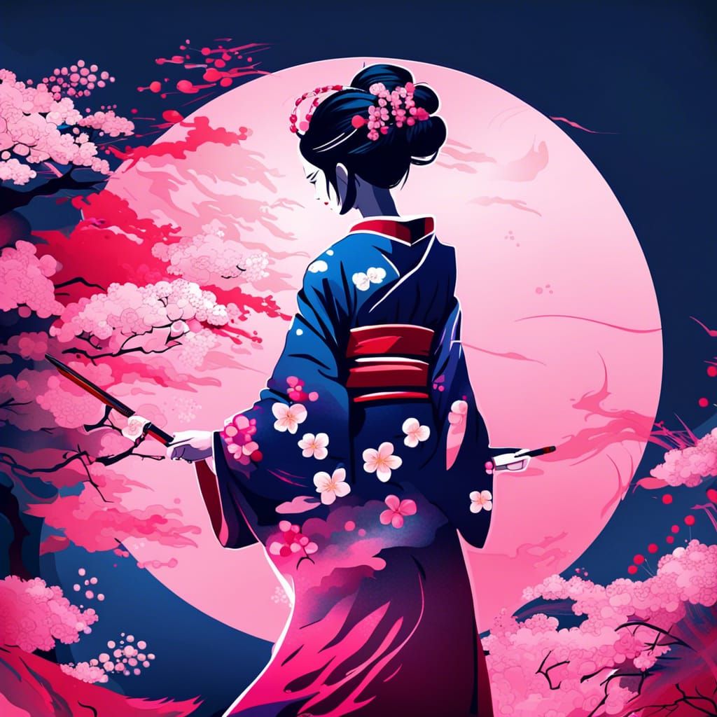 Geisha with Sakura Flowers in Anime Style