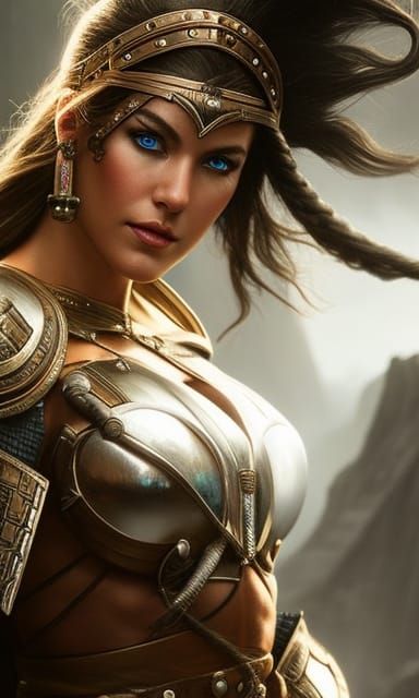 Viking Warrior Girl in Shining Armor, Hyperrealistic Digital...