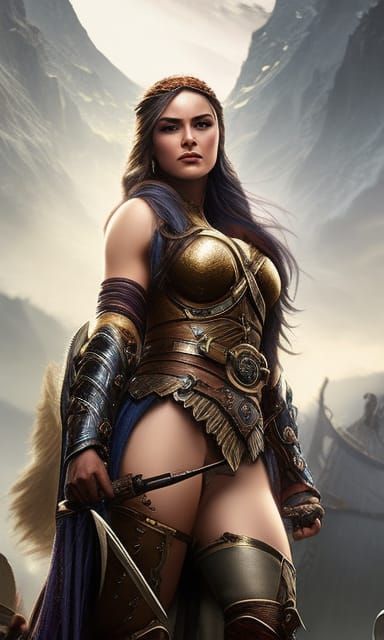 Viking Warrior Girl in Shining Armor, Digital Illustration