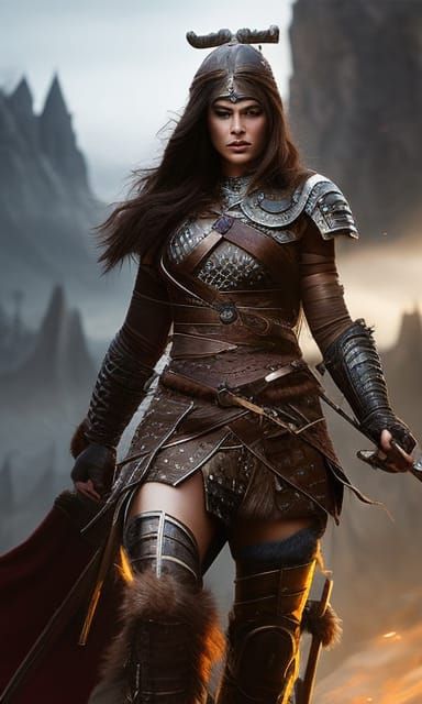 Viking Warrior Girl in Shining Armor, Digital Illustration