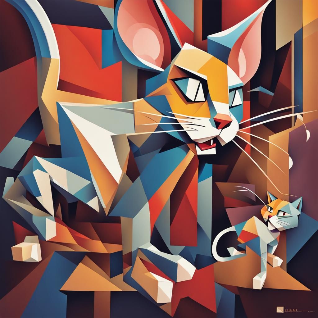 Mouse Chasing Cat in Cubist Art Deco Style