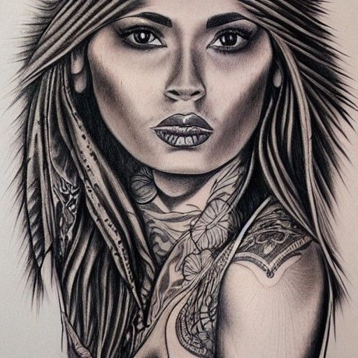 Chicano Style Tattooed Woman: Charcoal Drawing