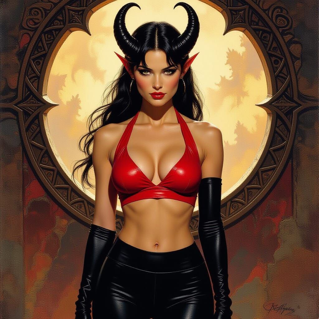 Fantasy Woman with Horns in Oil Painting Style