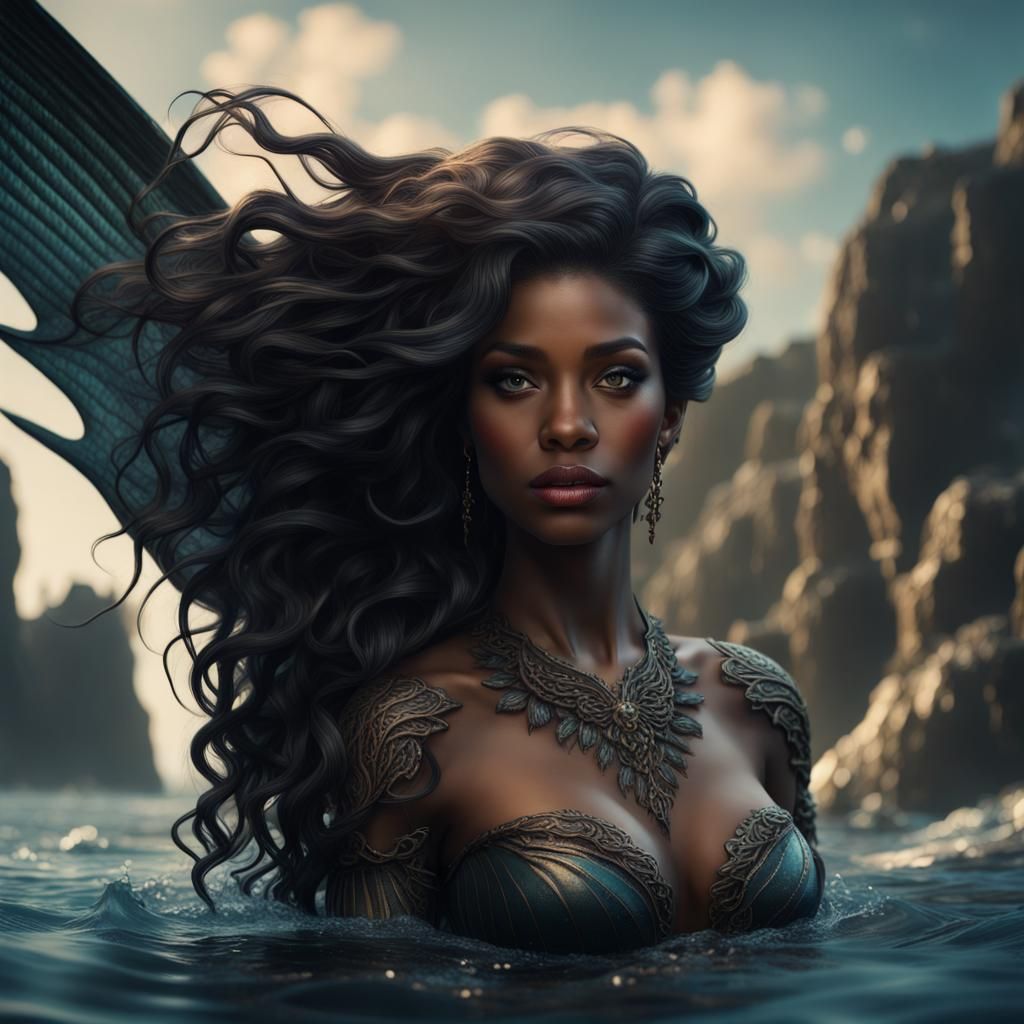 Mystic Depths: Captivating Black Mermaid Emerging from the Waters