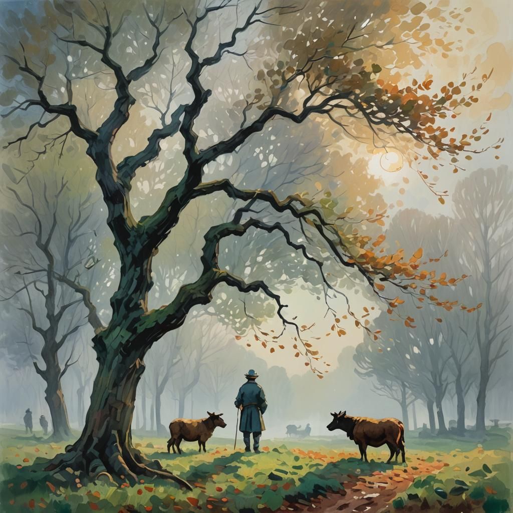 Impressionistic Landscape with Shepherd in Gouache Style