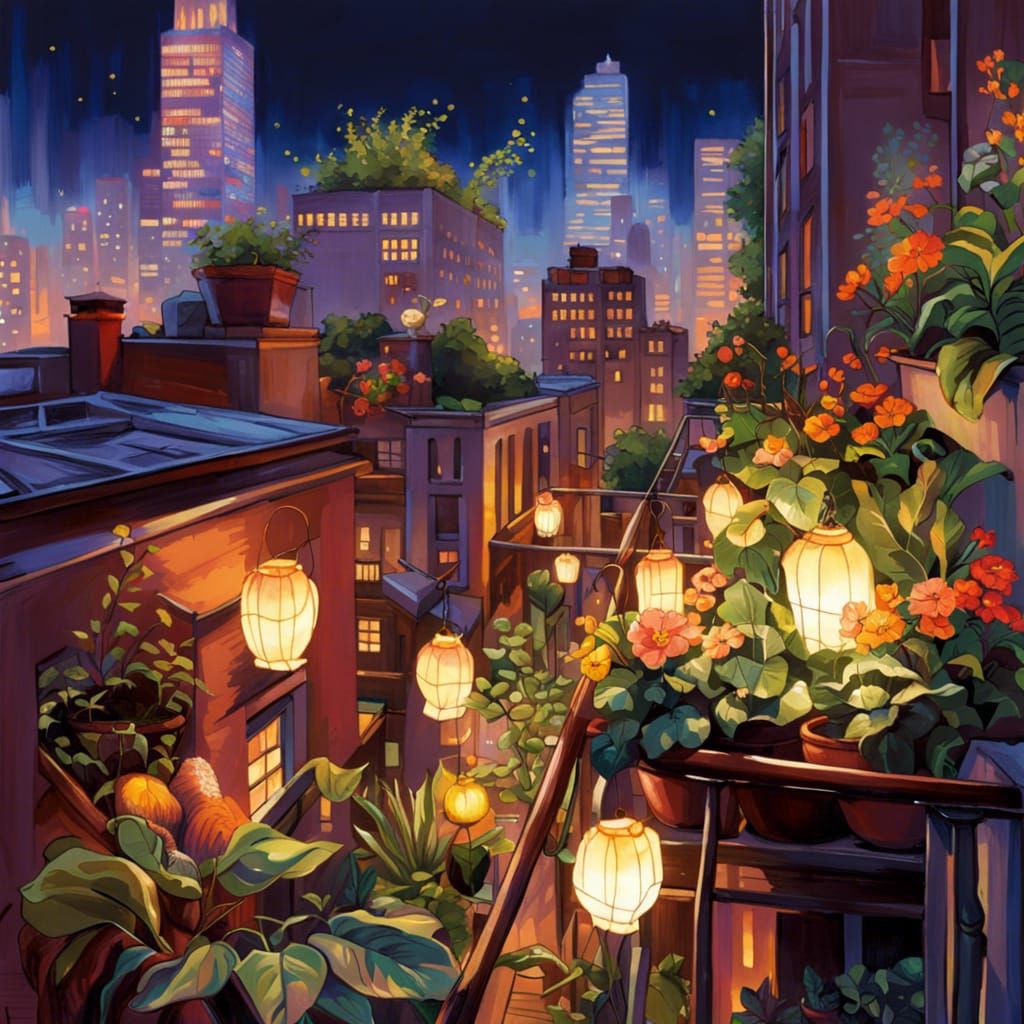 Enchanted Rooftop Garden with Fairies in Cityscape