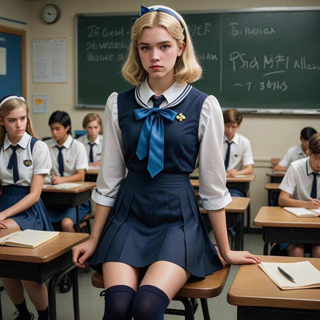 Man in Sailor Schoolgirl Uniform Takes Notes