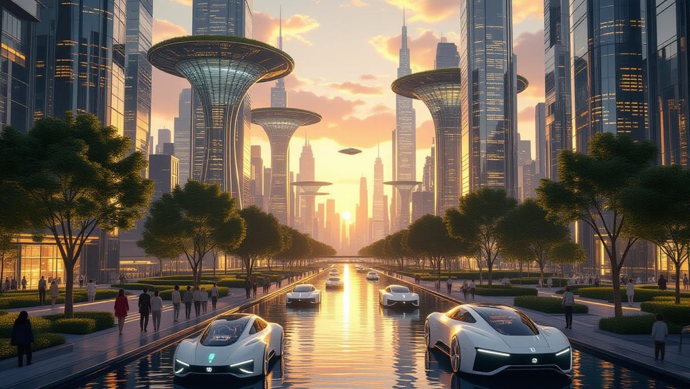 Futuristic Cityscape at Golden Hour in Hyper-Realistic Style