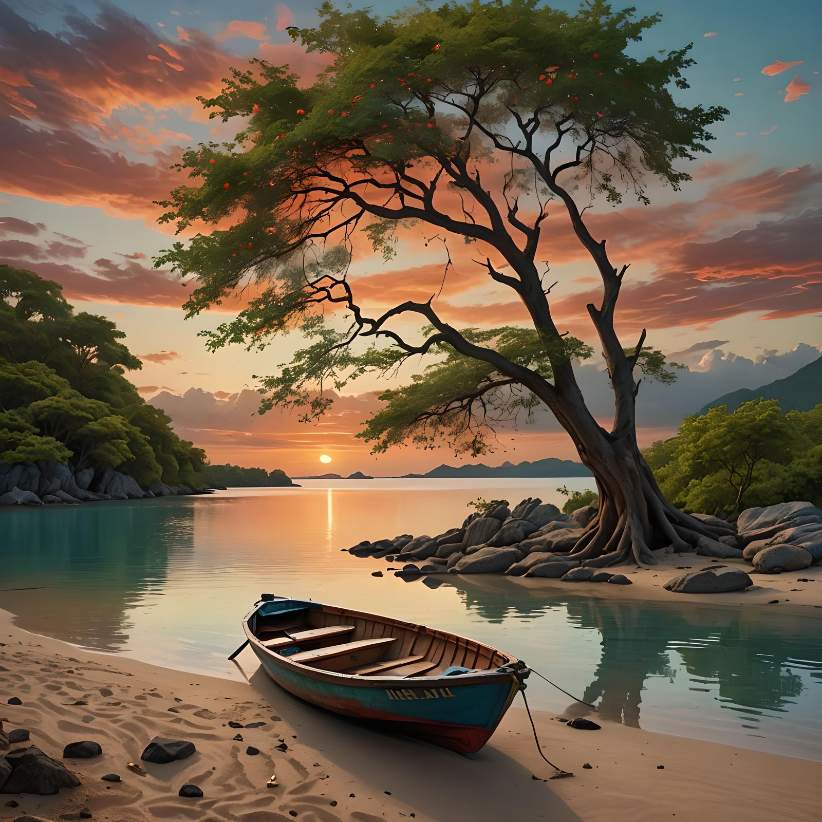 Serene Lagoon Sunset with Fishing Boat