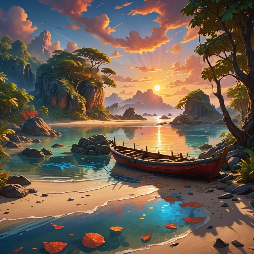 Fishing Boat on Lagoon: Vibrant Fantasy Concept Art
