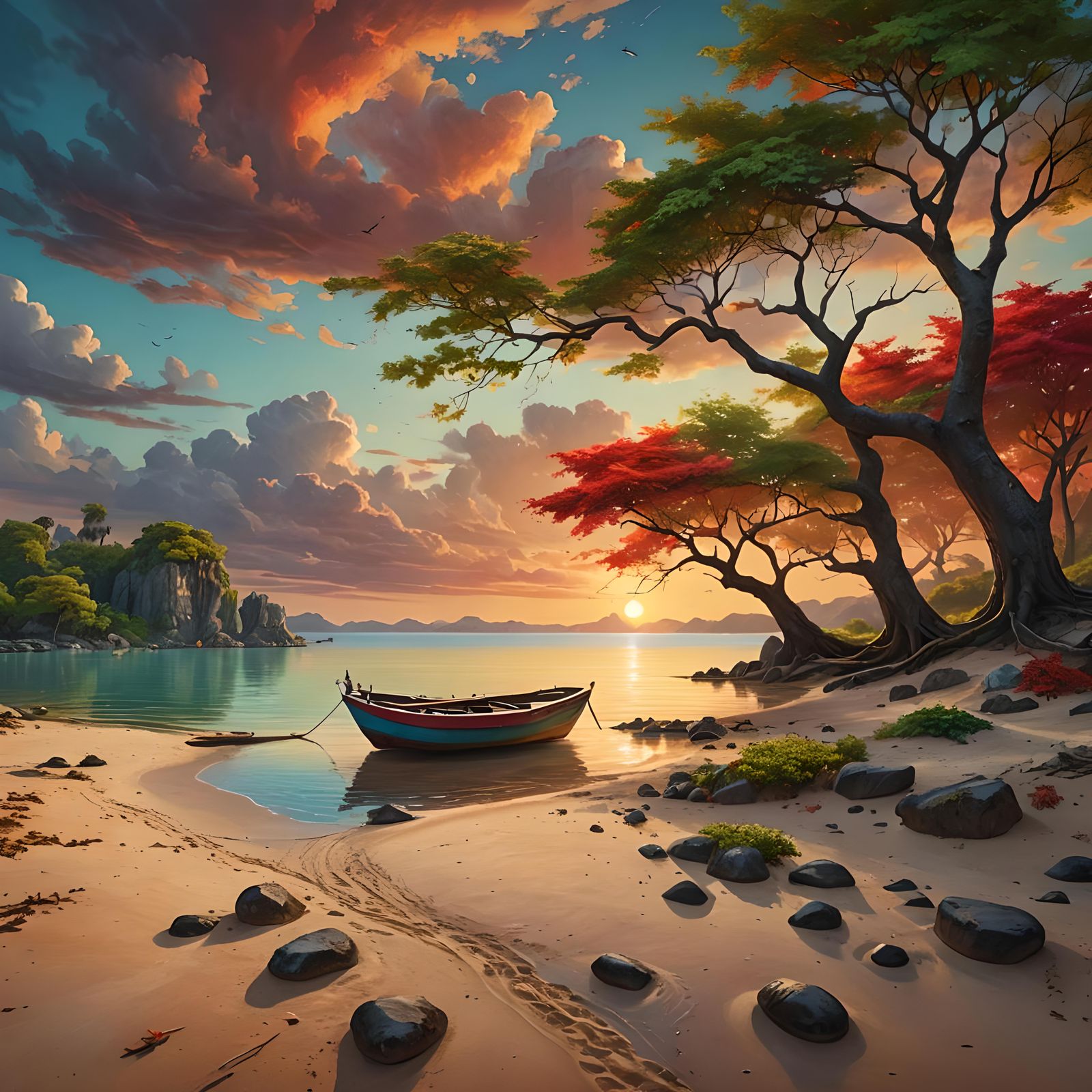 Fishing Boat on Lagoon at Sunset: Fantasy Art