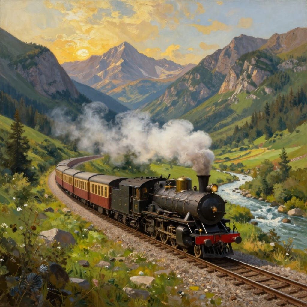 Whimsical Steam Train Journey Through Majestic Mountains