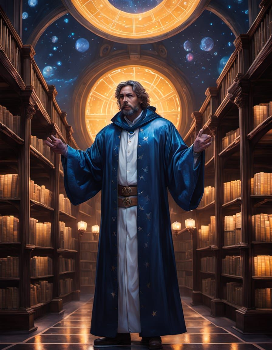 Celestial Librarian in Galactic Library: Digital Art