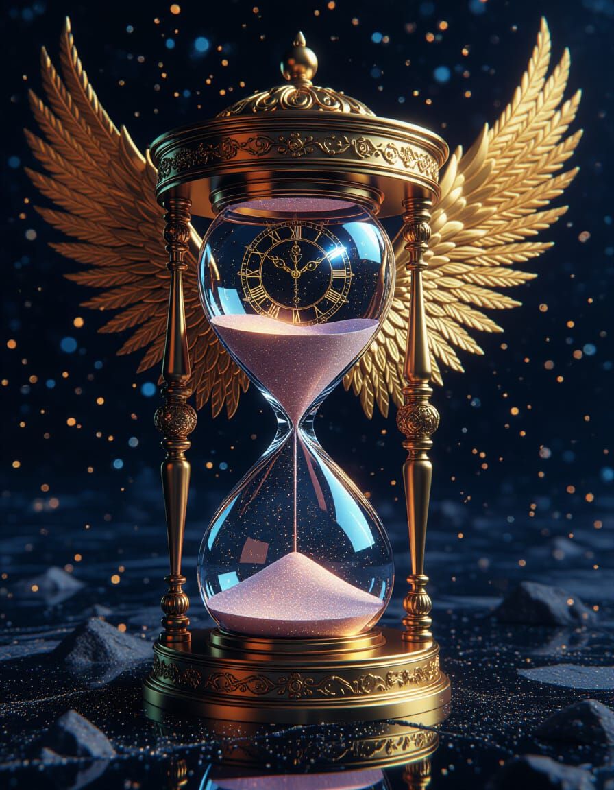 Cosmic Hourglass with Gilded Wings of Time