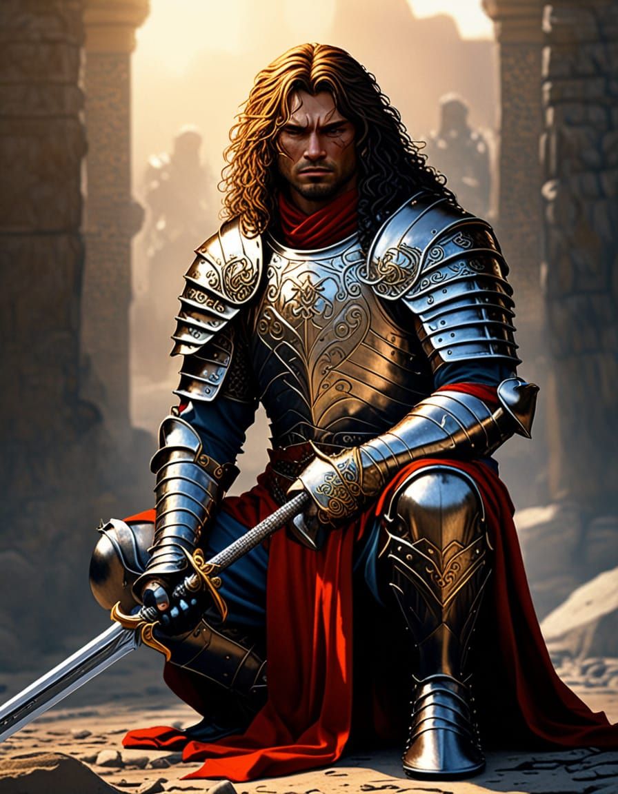 Kneeling Warrior Steadies Himself with Sword