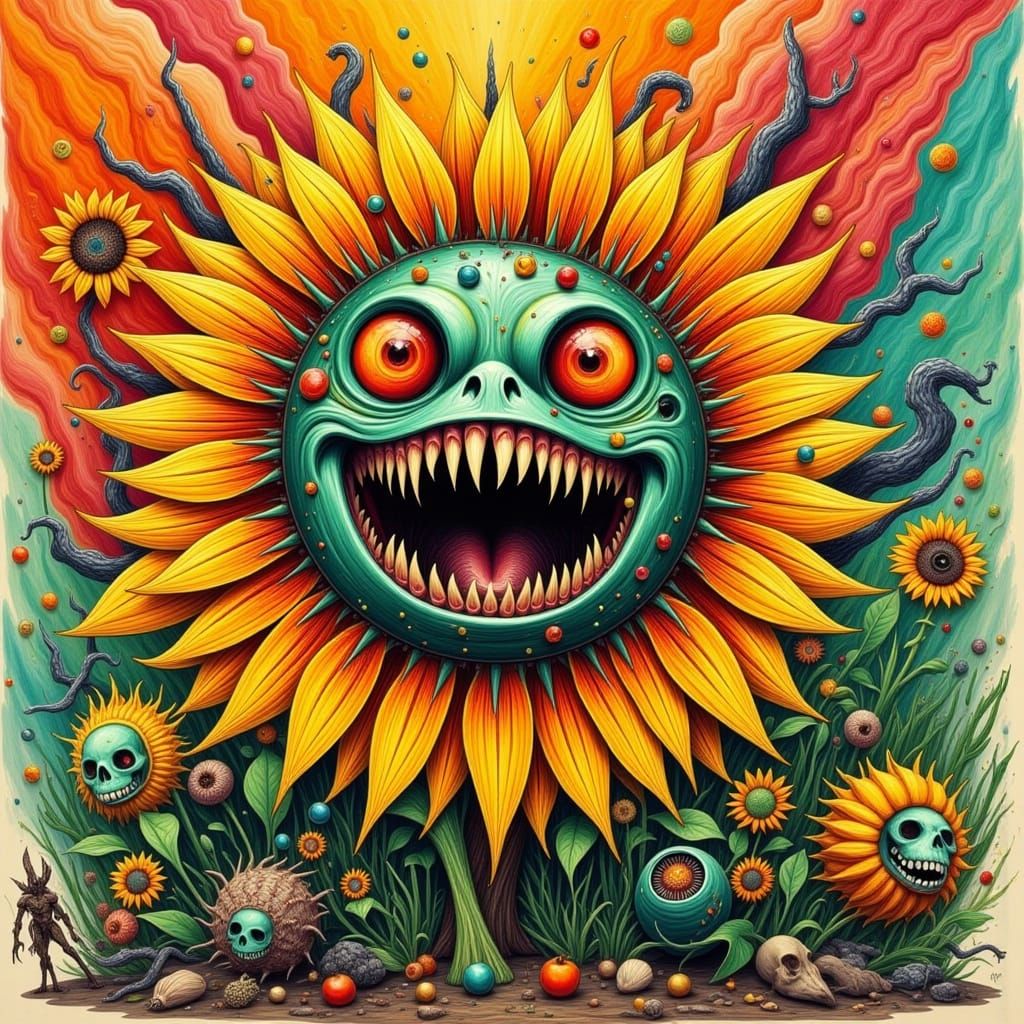 Surreal Sunflower Horror Scene in Cyberpunk Style