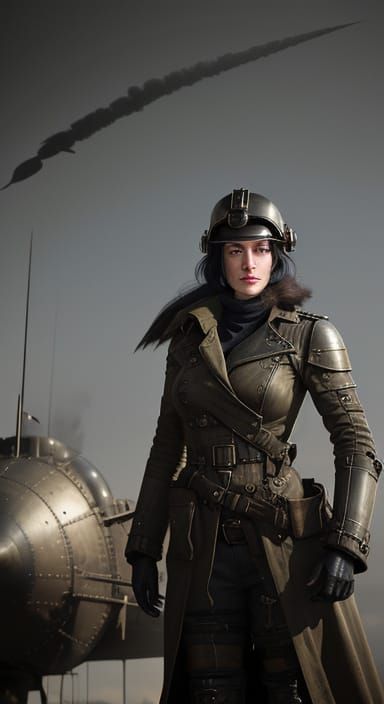Dieselpunk Female Soldier Stands Tall Amidst Zeppelin and Ca...
