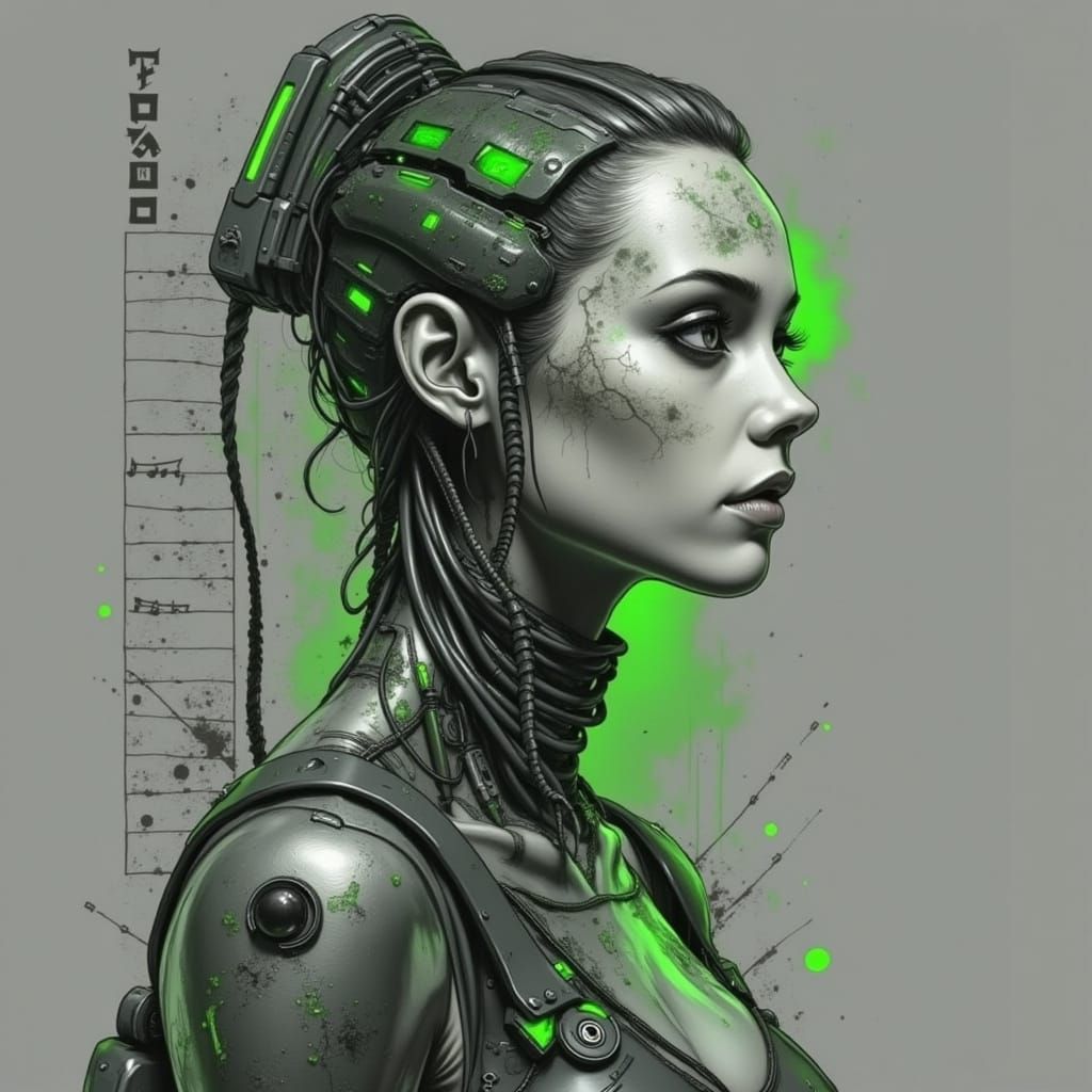 Cyborg Woman with Musical Tattoos in Giger Style