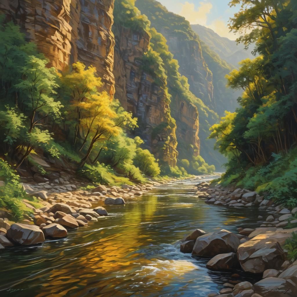 Impressionist River Gorge Oil Painting with Golden Light