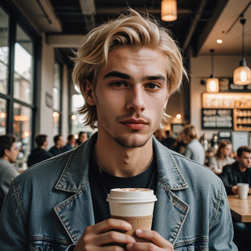 Grunge Youth Sips Latte in Dreamy Coffee Shop