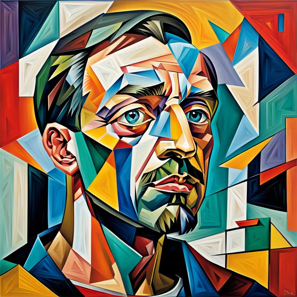 Cubist Portrait of Fragmented Man in Geometric Shapes