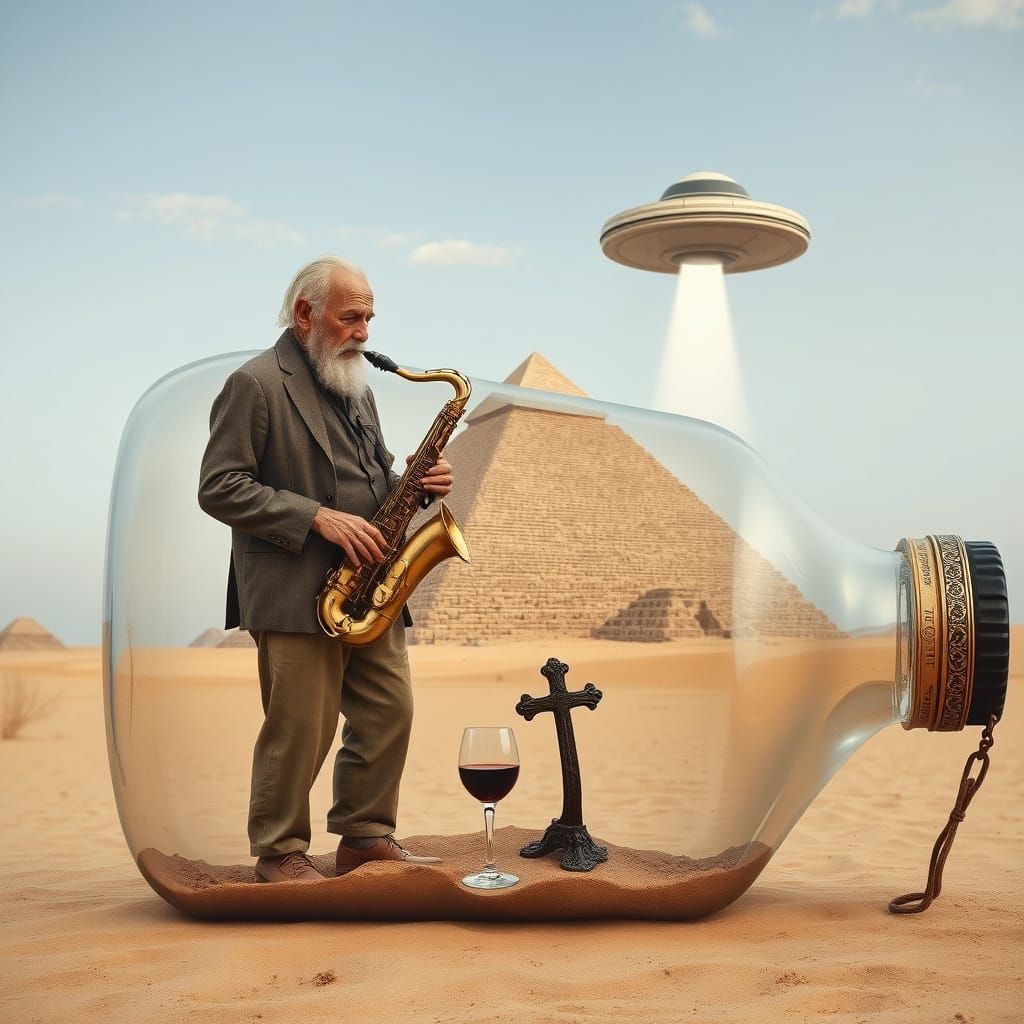 Desert Saxophonist Encased in Glass, Sci-Fi Art