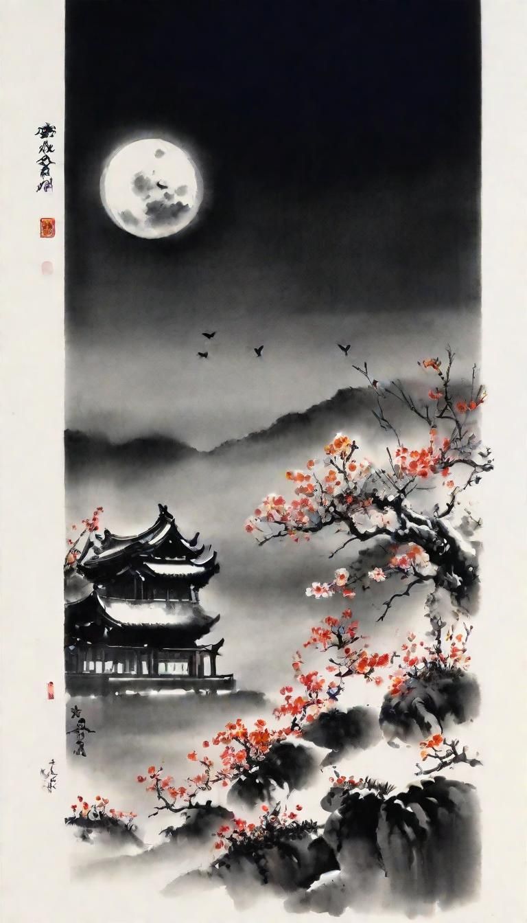 Chinese Ink Painting of Wind, Flowers, Snow, Moon