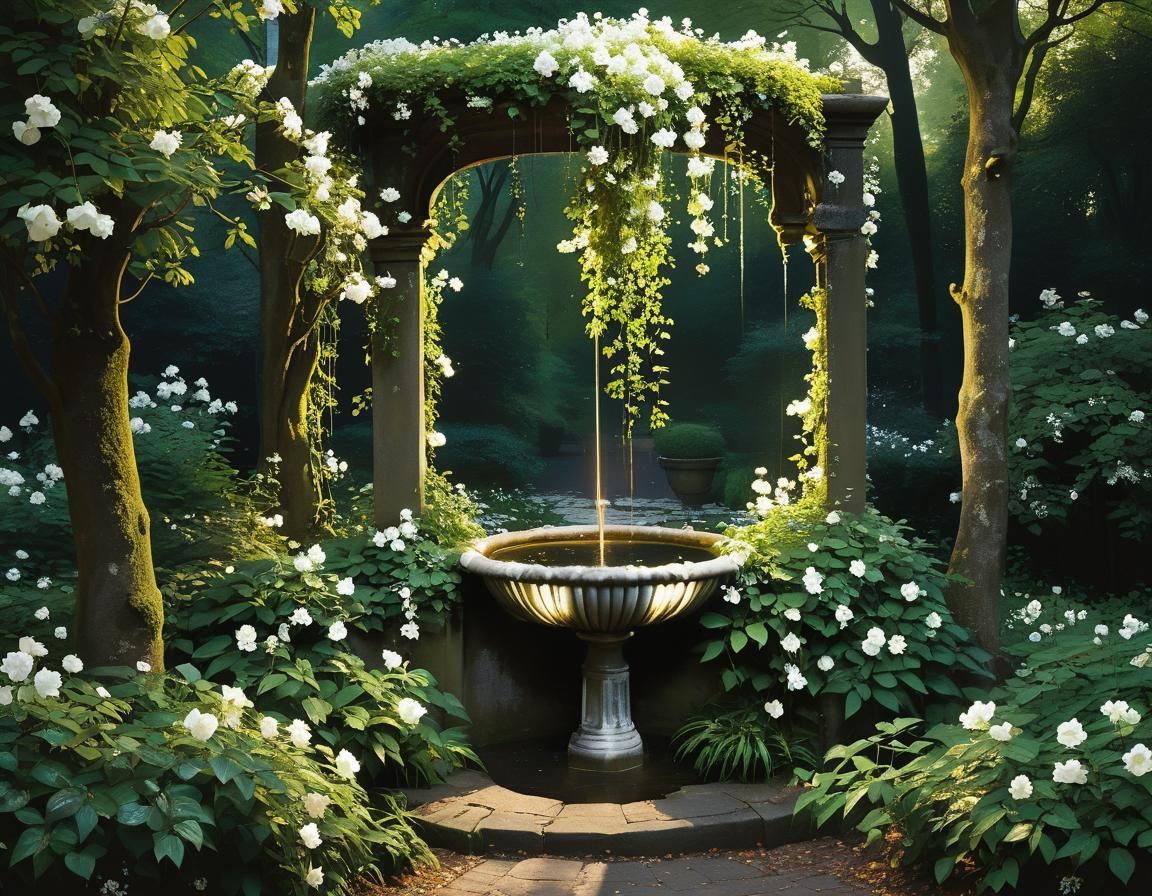 Forest Fountain with Climbing Plants in Evening Sun