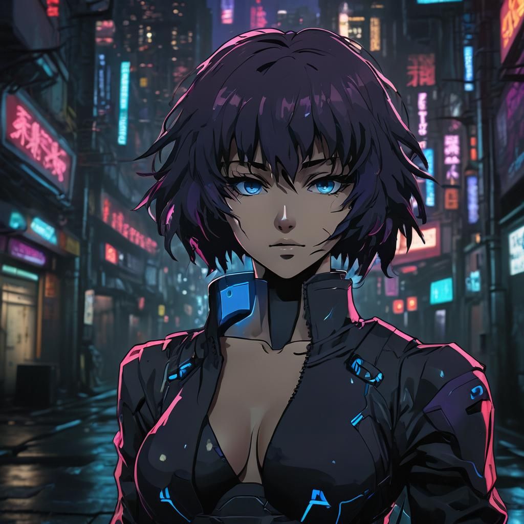 Kusanagi Motoko Illuminated in Neon-Lit Alleyway