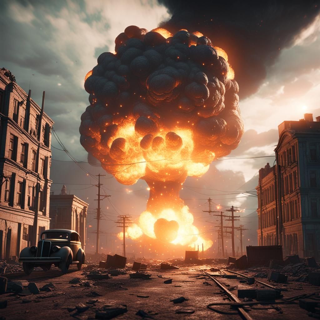 Nuclear Bomb in 1940s Russian City: 3D Render