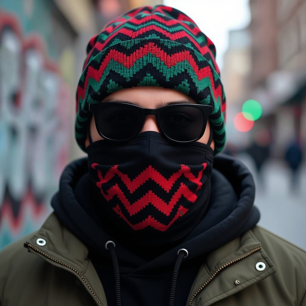 Man Wearing Black Ski Mask and Zigzag Beanie