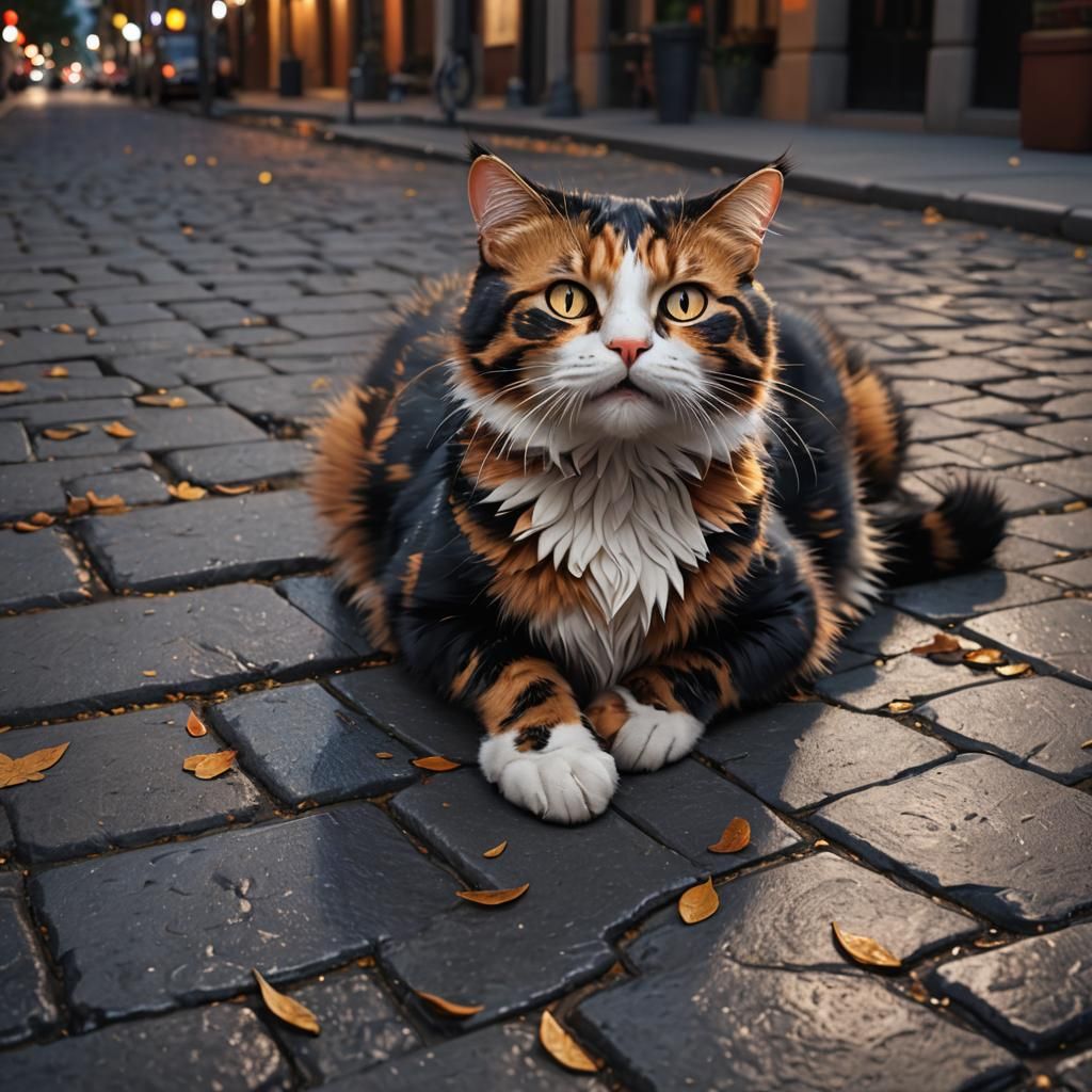 Calico Cat Meowing on Sidewalk at Night