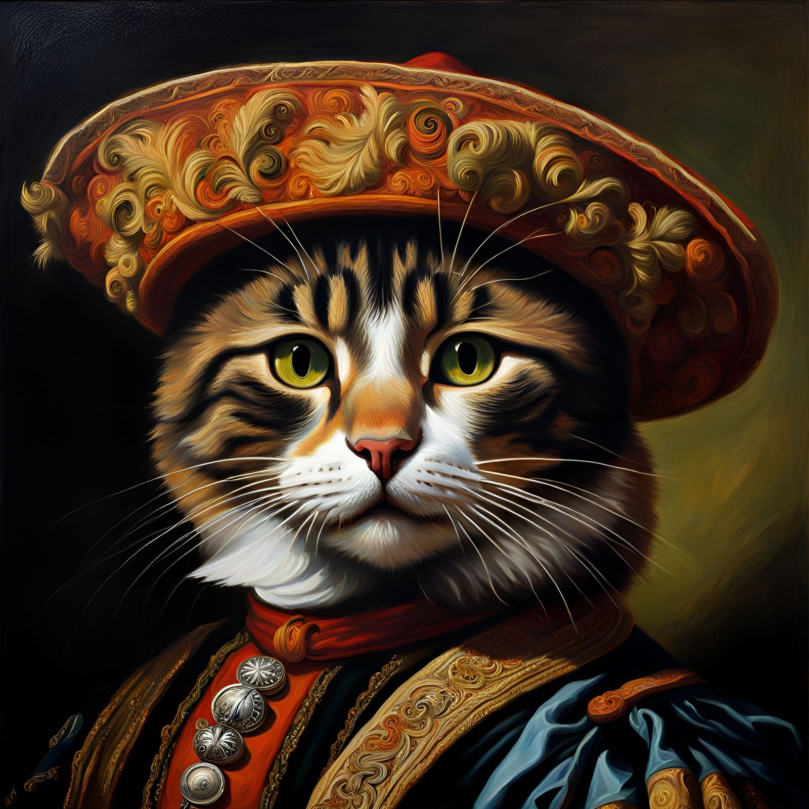 Cat Portrait with Hat in Rembrandt Style
