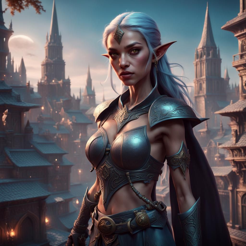 Moon Elf Girl in Magic City: Detailed Matte Painting