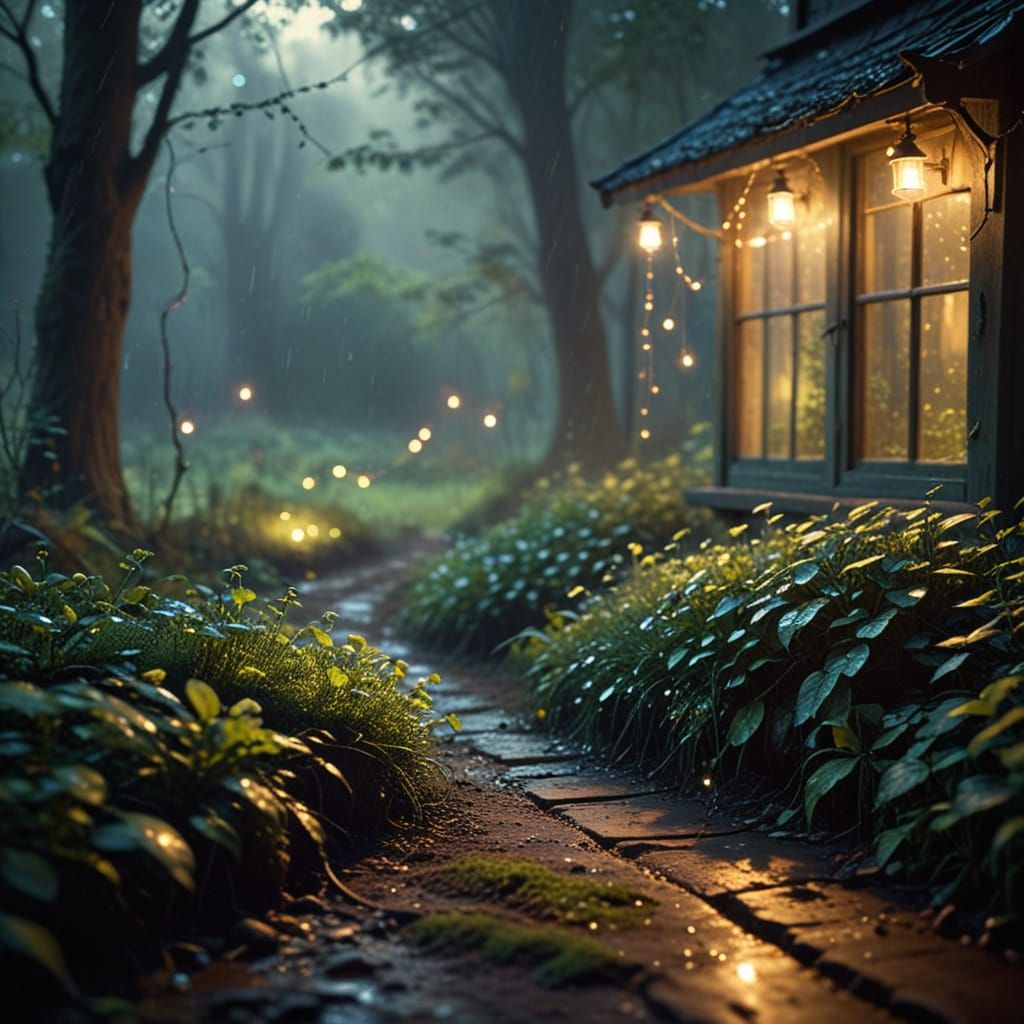Cozy Forest Window at Dusk with Steaming Tea