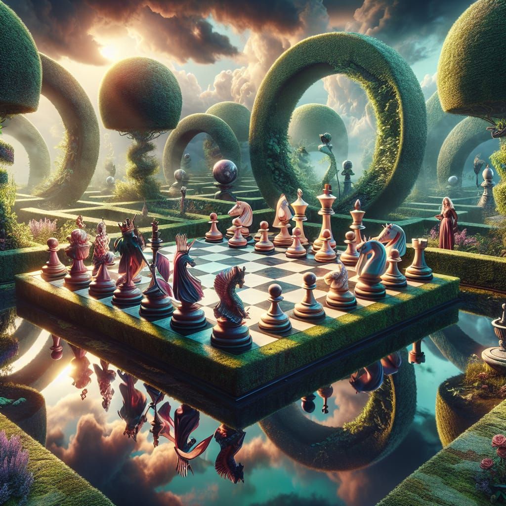 Surreal Chess Game in Wonderland Garden