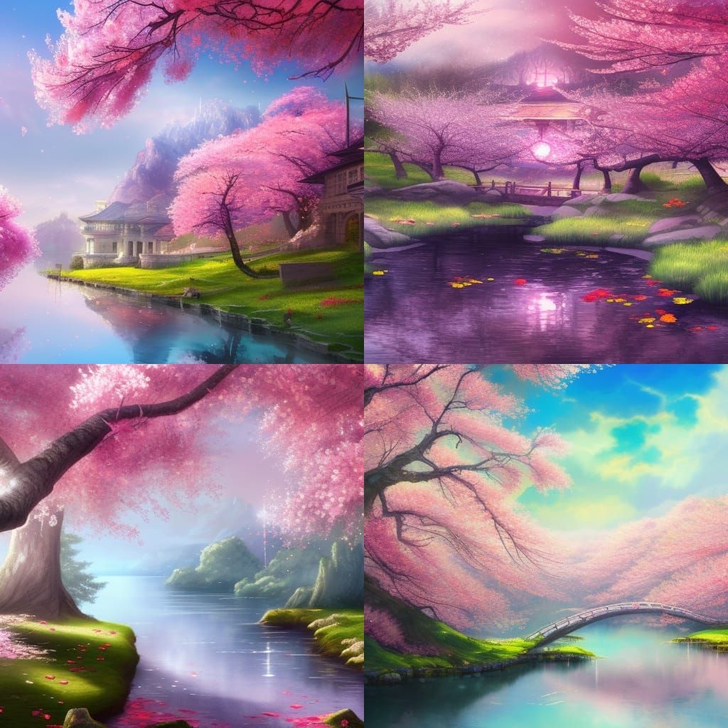 Vibrant Cherry Blossom Watercolor Landscape