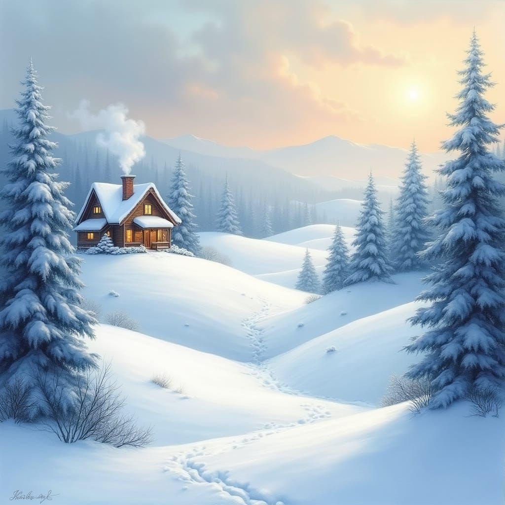 Serene Winter Wonderland with Cozy Cottage