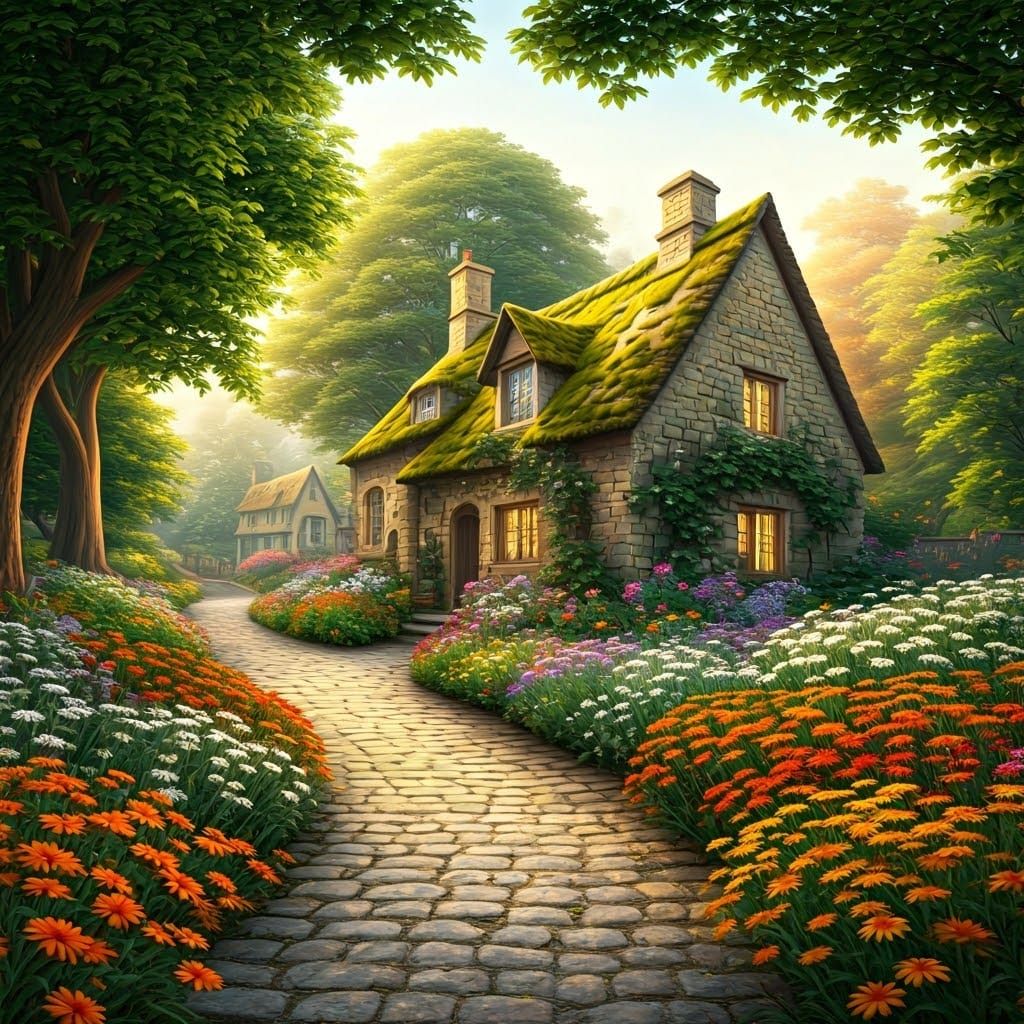 Whimsical Rustic Country House in Vibrant Flowering Garden